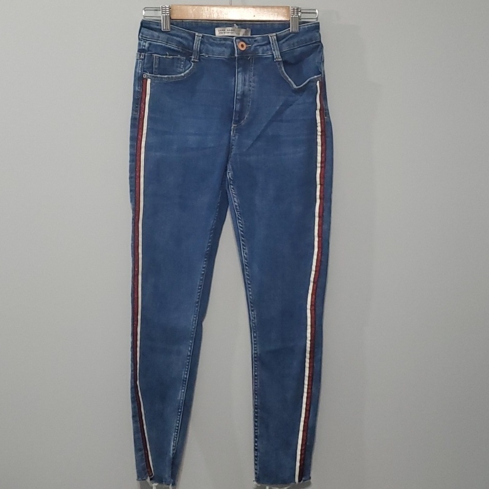 Zara Jeans Womens Size 6 Blue White‎ Glittery Red Side Stripes Raw Cut July 4th
